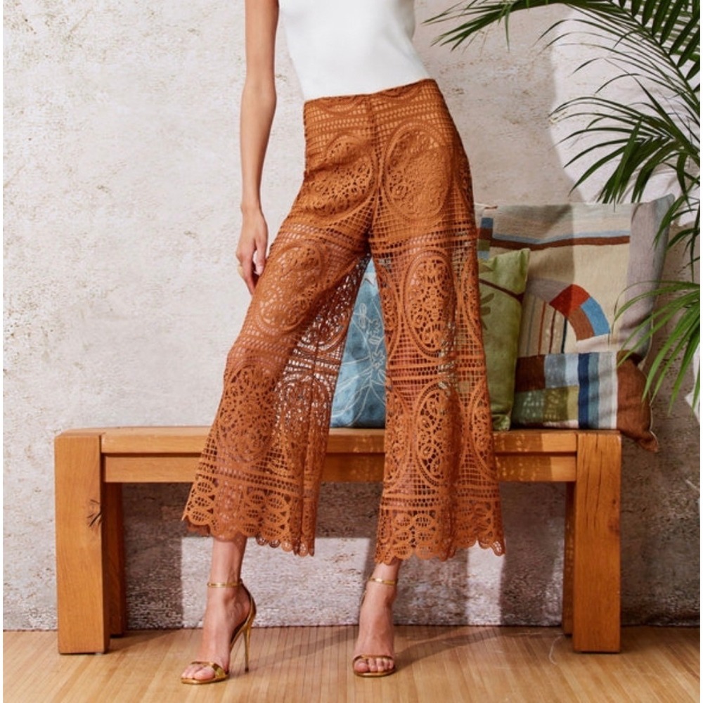 Elie Tahari Brown Guipure Lace Wide Leg Crop Pants Scalloped Hem Boho Resort 6
